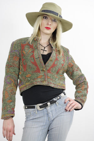 Southwestern jacket cropped Festival tribal woven button up Hippie embroidered vintage 1980s cropped top Small - shabbybabe
 - 1