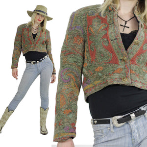 Southwestern jacket cropped Festival tribal woven button up Hippie embroidered vintage 1980s cropped top Small - shabbybabe
 - 2