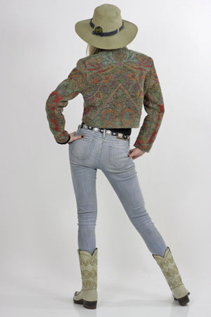 Southwestern jacket cropped Festival tribal woven button up Hippie embroidered vintage 1980s cropped top Small - shabbybabe
 - 4