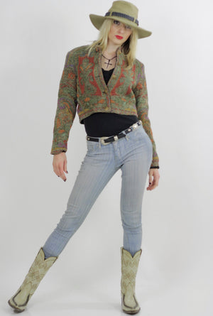 Southwestern jacket cropped Festival tribal woven button up Hippie embroidered vintage 1980s cropped top Small - shabbybabe
 - 3
