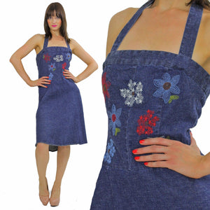 Vintage 90s Grunge Boho Denim halter mini dress - shabbybabe
 - 5