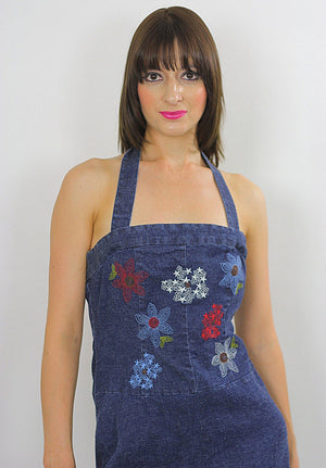 Vintage 90s Grunge Boho Denim halter mini dress - shabbybabe
 - 3