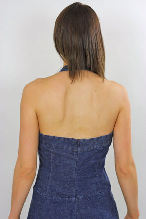 Vintage 90s Grunge Boho Denim halter mini dress - shabbybabe
 - 4