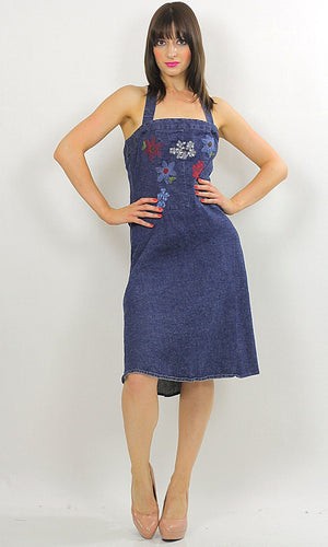 Vintage 90s Grunge Boho Denim halter mini dress - shabbybabe
 - 1
