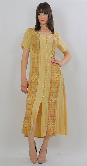 Patchwork Dress Embroidered 90s grunge pastel yellow plaid tie back button up yellow ankle length short sleeve maxi Large - shabbybabe
 - 2
