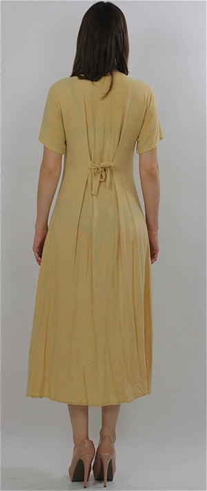 Patchwork Dress Embroidered 90s grunge pastel yellow plaid tie back button up yellow ankle length short sleeve maxi Large - shabbybabe
 - 3