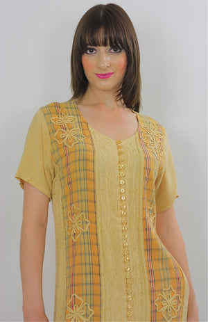 Patchwork Dress Embroidered 90s grunge pastel yellow plaid tie back button up yellow ankle length short sleeve maxi Large - shabbybabe
 - 4