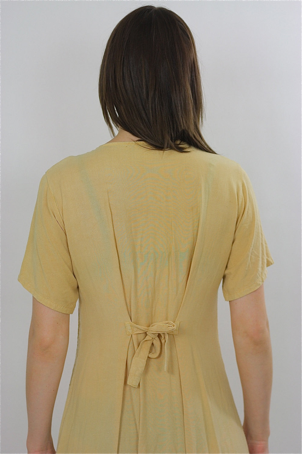 Patchwork Dress Embroidered 90s grunge pastel yellow plaid tie back button up yellow ankle length short sleeve maxi Large - shabbybabe Patchwork Dress Embroidered 90s grunge pastel yellow plaid tie back button up yellow ankle length short sleeve maxi Large - shabbybabe