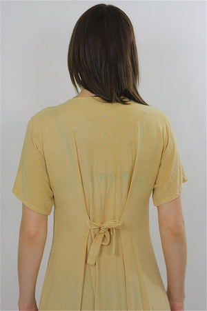 Patchwork Dress Embroidered 90s grunge pastel yellow plaid tie back button up yellow ankle length short sleeve maxi Large - shabbybabe
 - 5