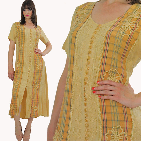 Patchwork Dress Embroidered 90s grunge pastel yellow plaid tie back button up yellow ankle length short sleeve maxi Large - shabbybabe
 - 1