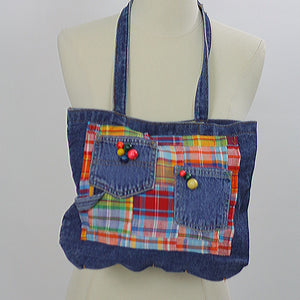 Vintage Denim bag Hippie bag Boho bag denim purse blue denim handbag Festival bag Festival purse denim 90s madras plaid  bag - shabbybabe
 - 1