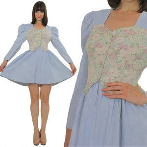 Vintage 80s Boho Chambray Gypsy Floral mini dress - shabbybabe
 - 3