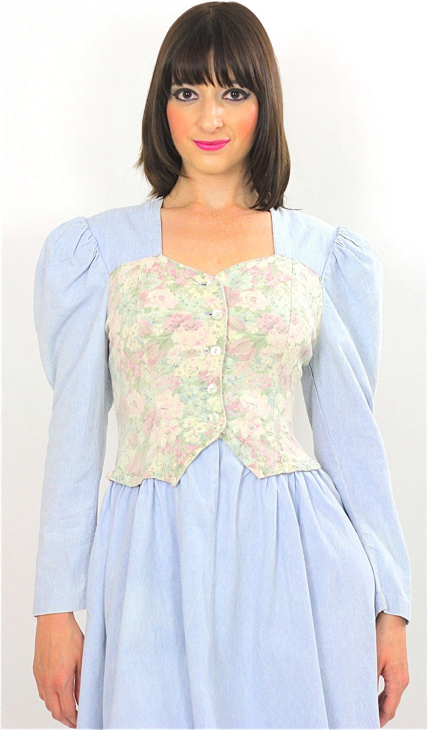 Vintage 80s Boho Chambray Gypsy Floral mini dress