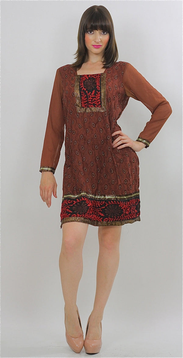 70s Boho embroidered India ethnic dress sheer floral metallic M - shabbybabe
 - 2