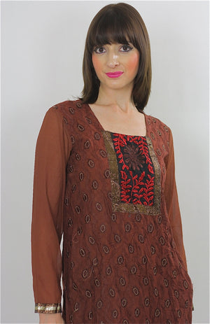 70s Boho embroidered India ethnic dress sheer floral metallic M - shabbybabe
 - 4