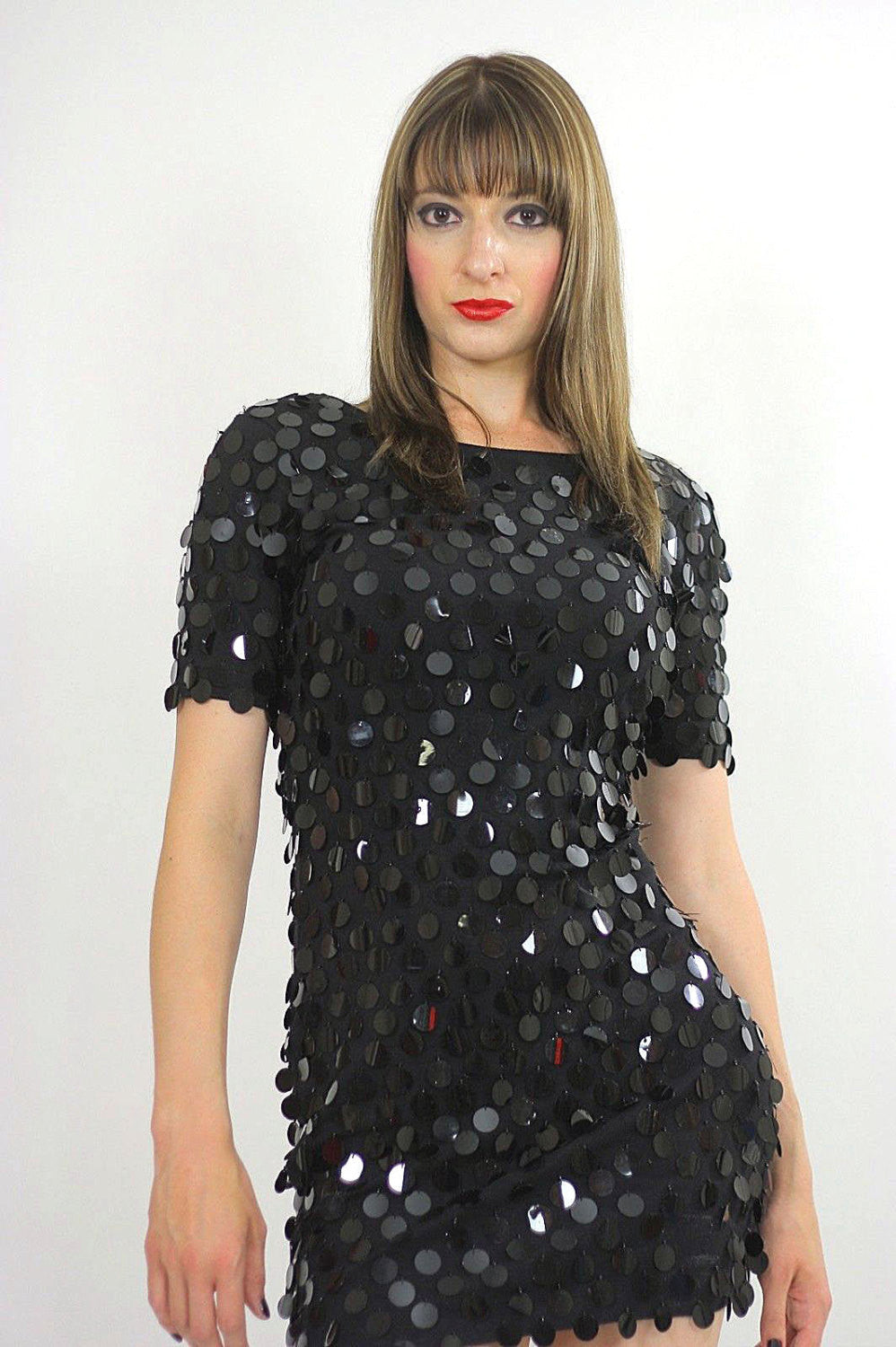 Vintage sequin dress Black circle sequin party mini dress S Small Vintage sequin dress Black circle sequin party mini dress S Small