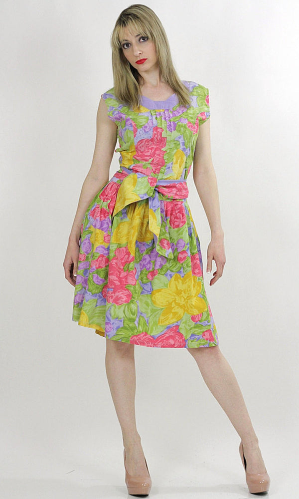 80s neon floral party mini dress cocktail tropical sundress M - shabbybabe
 - 1