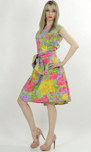 80s neon floral party mini dress cocktail tropical sundress M - shabbybabe
 - 4