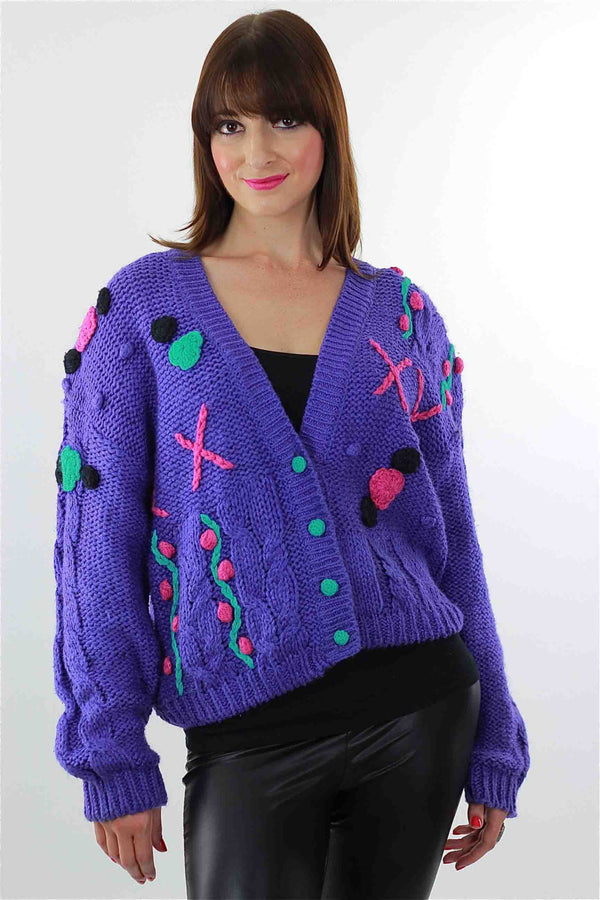 Cable knit Cardigan Applique Hand knit  Purple floral sweater - shabbybabe
 - 1