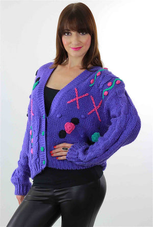 Cable knit Cardigan Applique Hand knit  Purple floral sweater - shabbybabe
 - 3