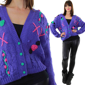 Cable knit Cardigan Applique Hand knit  Purple floral sweater - shabbybabe
 - 2