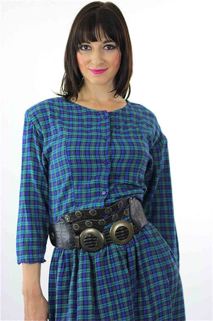 Vintage 90s grunge Plaid Dress  Blue tartan plaid shirt dress long sleeve mini dress M - shabbybabe
 - 4