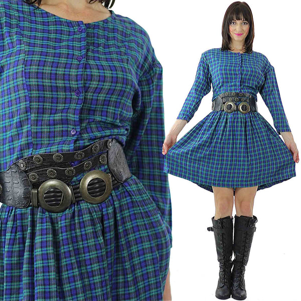Vintage 90s grunge Plaid Dress  Blue tartan plaid shirt dress long sleeve mini dress M - shabbybabe
 - 1