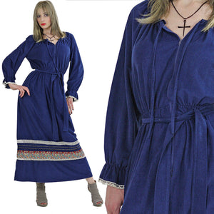 Velour caftan dress 70s Hippie Boho Maxi Dress 1970s Navy blue border design long sleeve lounge robe zipper front caftan striped M Medium - shabbybabe
 - 2