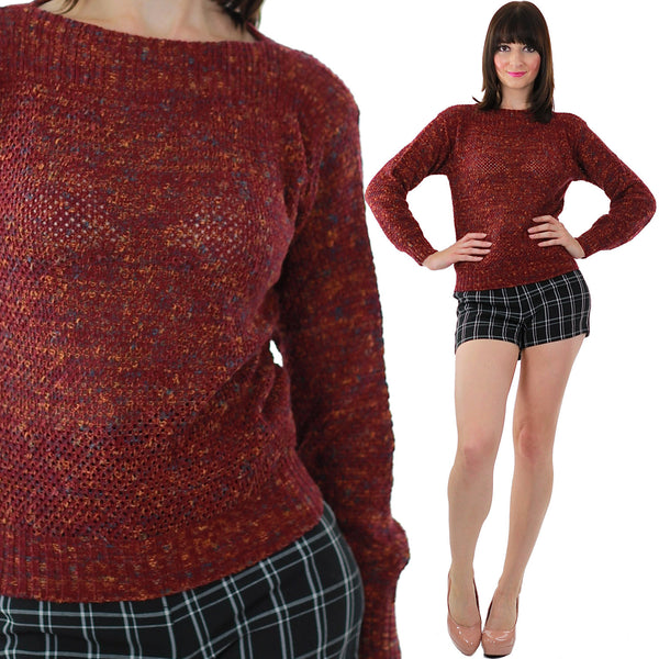 Red Sweater 90s Grunge Loose Cotton Holiday Knitted Mod boat neck multicolor Ribbed sweater Medium - shabbybabe
 - 1