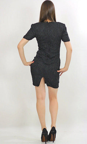 80s Deco Gatsby Black sequin beaded party mini dress S - shabbybabe
 - 3