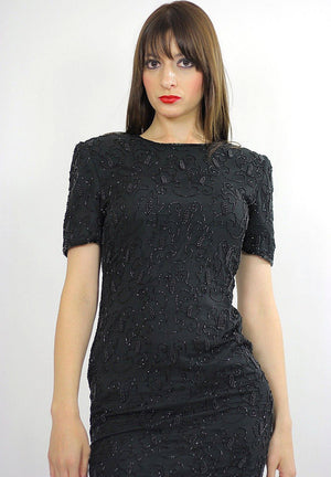 80s Deco Gatsby Black sequin beaded party mini dress S - shabbybabe
 - 4