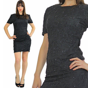 80s Deco Gatsby Black sequin beaded party mini dress S - shabbybabe
 - 2