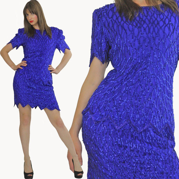 Sequin beaded dress Gatsby dress Deco party dress Boho party dress silk beaded dress party mini dress flapper dress Blue beaded dress M - shabbybabe
 - 1