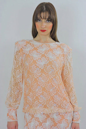 Sequin beaded dress Gatsby art Deco party Flapper peach white dropped waist slouchy oversized vintage 1980s Medium Large - shabbybabe
 - 4