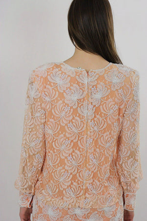 Sequin beaded dress Gatsby art Deco party Flapper peach white dropped waist slouchy oversized vintage 1980s Medium Large - shabbybabe
 - 5