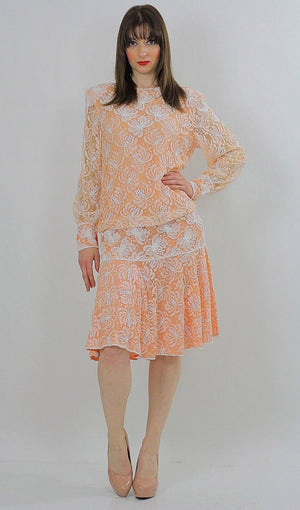 Sequin beaded dress Gatsby art Deco party Flapper peach white dropped waist slouchy oversized vintage 1980s Medium Large - shabbybabe
 - 1