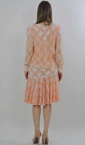 Sequin beaded dress Gatsby art Deco party Flapper peach white dropped waist slouchy oversized vintage 1980s Medium Large - shabbybabe
 - 3