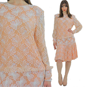 Sequin beaded dress Gatsby art Deco party Flapper peach white dropped waist slouchy oversized vintage 1980s Medium Large - shabbybabe
 - 2