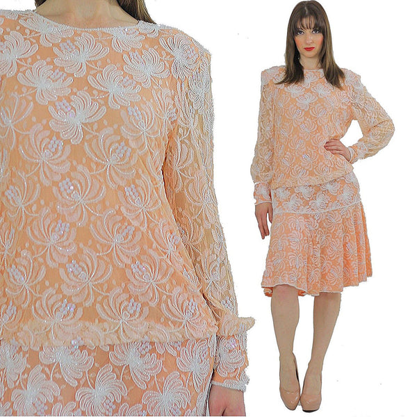 Sequin beaded dress Gatsby art Deco party Flapper peach white dropped waist slouchy oversized vintage 1980s Medium Large - shabbybabe
 - 2