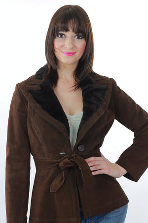 Brown suede leather jacket fur trim boho Hippie belted button up long sleeve blazer M - shabbybabe
 - 4