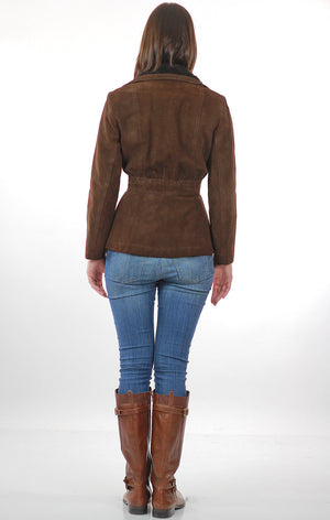Brown suede leather jacket fur trim boho Hippie belted button up long sleeve blazer M - shabbybabe
 - 3