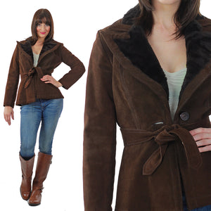 Brown suede leather jacket fur trim boho Hippie belted button up long sleeve blazer M - shabbybabe
 - 2