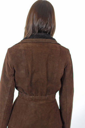Brown suede leather jacket fur trim boho Hippie belted button up long sleeve blazer M - shabbybabe
 - 5