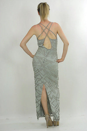 Sequin dress 80s Gatsby Deco party Silk Flapper Open back Silver Metallic Vintage maxi  high slit Medium - shabbybabe
 - 3