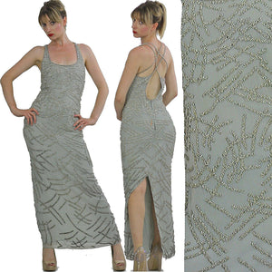 Sequin dress 80s Gatsby Deco party Silk Flapper Open back Silver Metallic Vintage maxi  high slit Medium - shabbybabe
 - 1