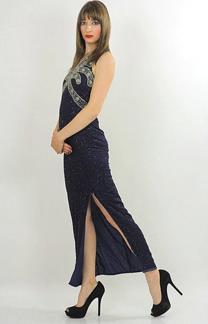 Sequin beaded dress Gatsby Deco party Navy Bohemian Flapper  Halter high slit Open back Small - shabbybabe
 - 3