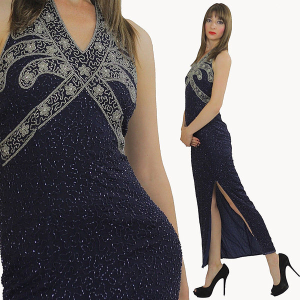 Sequin beaded dress Gatsby Deco party Navy Bohemian Flapper  Halter high slit Open back Small - shabbybabe
 - 1