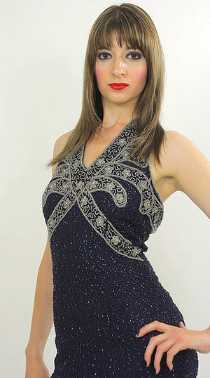 Sequin beaded dress Gatsby Deco party Navy Bohemian Flapper  Halter high slit Open back Small - shabbybabe
 - 4