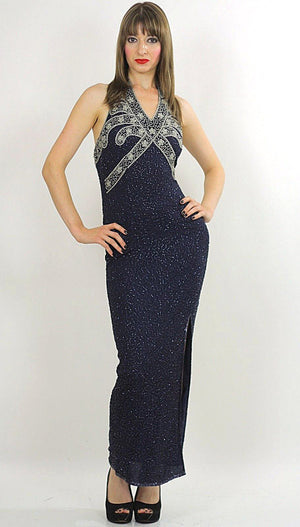 Sequin beaded dress Gatsby Deco party Navy Bohemian Flapper  Halter high slit Open back Small - shabbybabe
 - 2