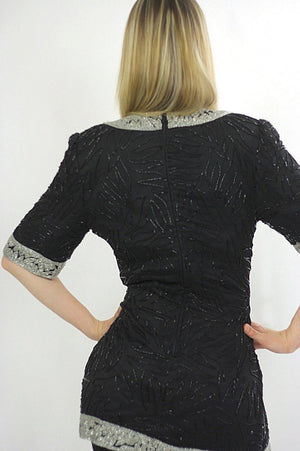 80s black sequin beaded tunic dress Art deco silver metallic Flapper - shabbybabe
 - 5